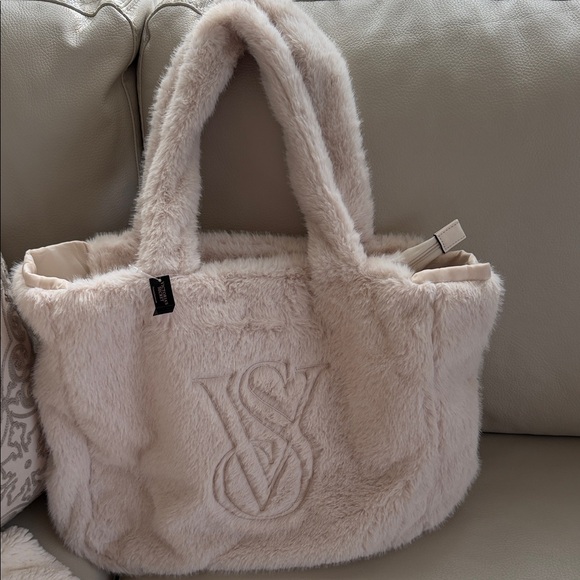 Victoria's Secret Handbags - NWT Victoria’s Secret Plush Faux-Fur Tote Bag in Light Beige Limited Edition